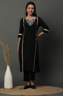 Aurelia Women Embroidered Straight Kurta(Black)