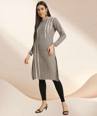 KILVESTED Women Striped, Self Design Straight Kurta(Grey)