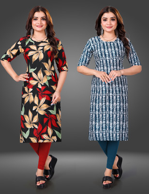 MOBHISA Women Printed Straight Kurta(Light Blue)