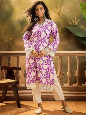 Kamex Women Floral Print A-line Kurta(Purple)