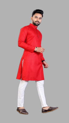 HouseOfCommon Men Solid A-line Kurta(Red)