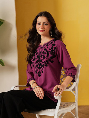 Fembliss Women Embroidered Straight Kurta(Black, Purple)