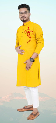 Mamta fab Men Printed Straight Kurta(Yellow)