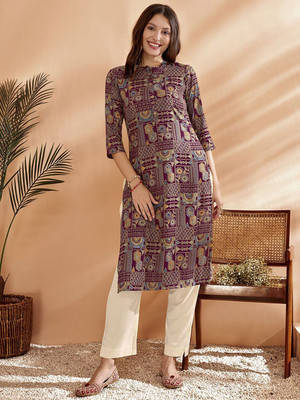 ANOUK Women Embroidered Straight Kurta(Brown)