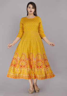 SUBH LAXMI Women Printed Flared Kurta(Yellow)