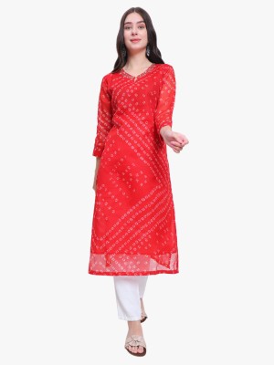 4U Fashion Women Bandhani Straight Kurta(Red)