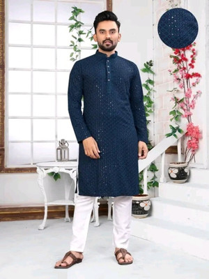 grantox Men Embellished Ethnic Dress Kurta(Blue)