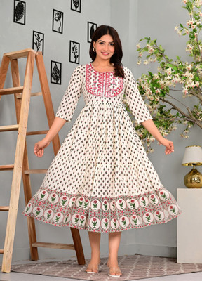 Mradhul Women Printed A-line Kurta(White)