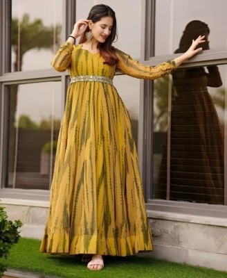 Tarmino Designer Women Printed Anarkali Kurta(Yellow)