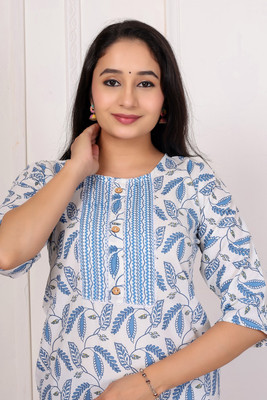 HACREATIONS Women Printed, Floral Print, Geometric Print A-line Kurta(White, Blue)