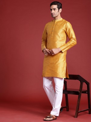 Indo Era Men Woven Design Straight Kurta(Yellow)