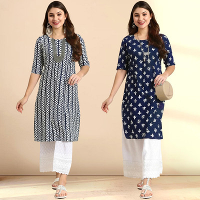 1 Stop Fashion Women Printed Straight Kurta(Blue, White)