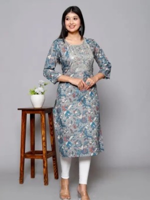 krika Women Floral Print Straight Kurta(Light Blue)