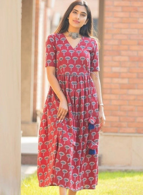 CHANDAFEB Women Floral Print A-line Kurta(Maroon)