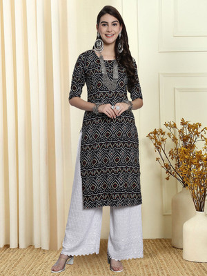 EthnicBasket Women Printed Straight Kurta(Black)