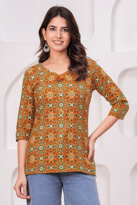 Ngised Women Floral Print Straight Kurta(Brown, Green)