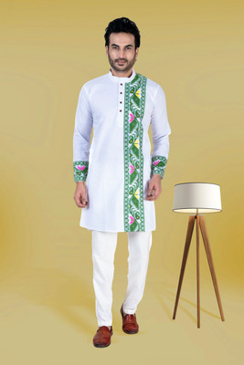FRANSCART Men Self Design Straight Kurta(White, Green)