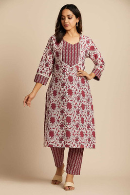KS TECHCREATION Women Floral Print, Printed, Block Print, Striped Straight Kurta(Maroon, Beige)