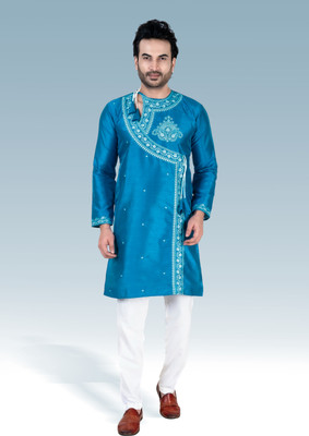 KNETLY Men Embroidered Straight Kurta(Light Blue)
