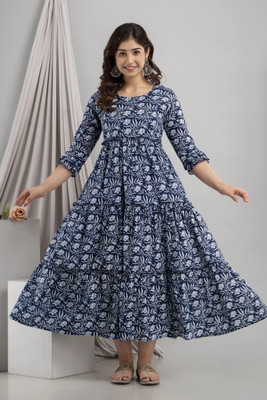 HouseOfCommon Women Printed Ethnic Dress Kurta(Blue)
