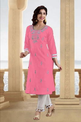 HouseOfCommon Women Chikan Embroidery Straight Kurta(Pink)