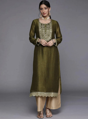 RARE THREAD Women Embroidered A-line Kurta(Green)