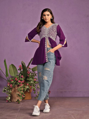 Anmi Chikan Embroidery Women A-line Kurta(Purple)