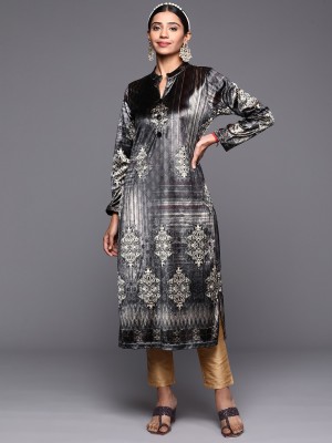 LIBAS Women Printed Straight Kurta(Black, Beige)