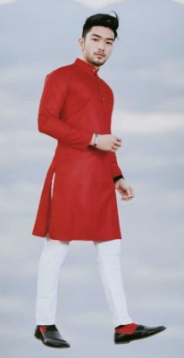 St Khalil Chikankari Men Solid Straight Kurta(Red)