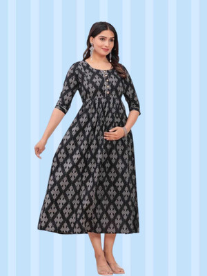 HOUSE OFF COMMON Women Printed Anarkali Kurta(Black)