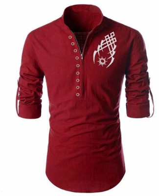 DIMMY Men Printed Straight Kurta(Red)