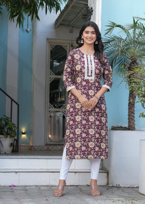 MOSTWELCOME Women Printed Straight Kurta(Maroon)