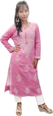 Shadab Chikan Women Chikan Embroidery A-line Kurta(Pink)
