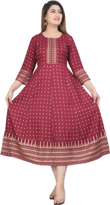 angrakhi Women Printed Flared Kurta(Maroon)