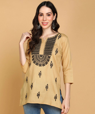 TOP N THREAD Women Chikan Embroidery, Embroidered, Self Design Straight Kurta(Beige)
