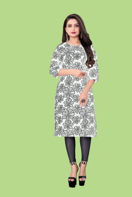 Tulsii Fab Women Animal Print Straight Kurta(White)