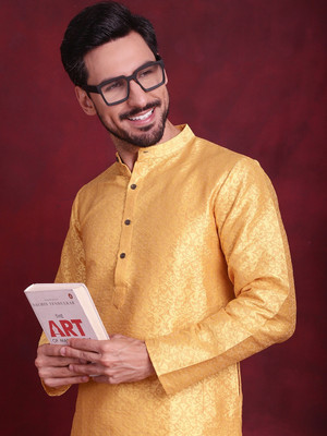 ANOUK Men Woven Design Straight Kurta(Yellow)