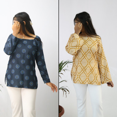 aanzri Women Printed, Geometric Print A-line Kurta(Blue, Yellow, White)