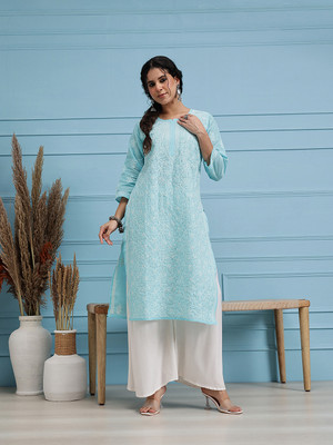 ADA Women Chikan Embroidery Straight Kurta(Blue)