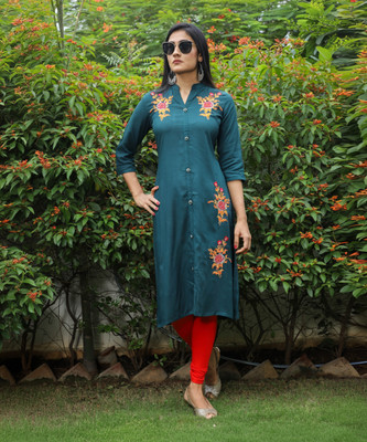 Mehsoos Women Embroidered Straight Kurta(Dark Green)