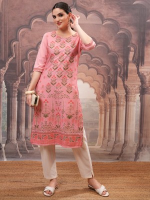 KETCH Women Embroidered Straight Kurta(Pink)