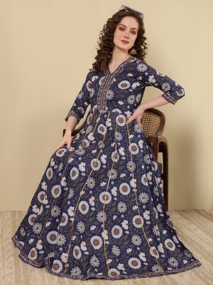 Women Click Women Floral Print Anarkali Kurta(Blue)