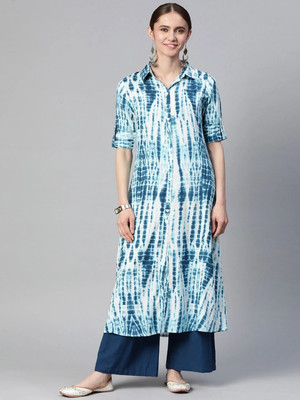 Dizon Women Printed A-line Kurta(Blue)
