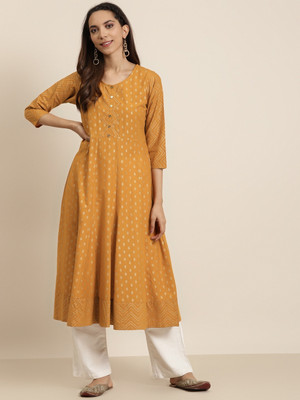 AKIKO Women Printed Anarkali Kurta(Yellow)