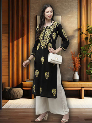 ADA Women Embroidered Straight Kurta(Black, Gold)