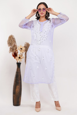 Chikan Women Chikan Embroidery Straight Kurta(Purple)