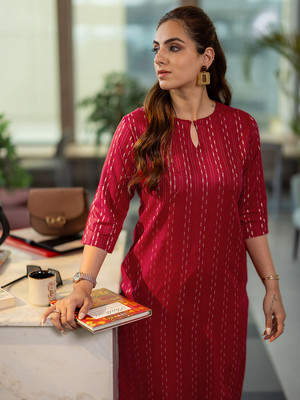 LIBAS Women Striped Straight Kurta(Red)