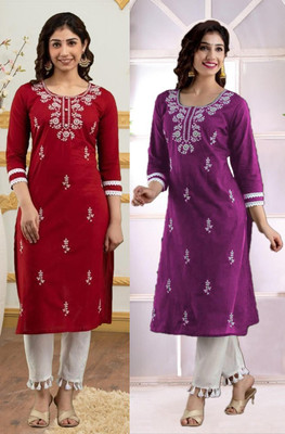 vikshi Women Chikan Embroidery Straight Kurta(Maroon, Purple)
