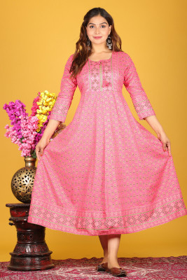 SHIN HIGH Women Printed Anarkali Kurta(Pink)