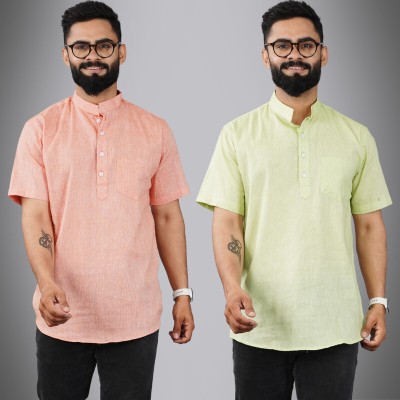 QuaClo Men Solid Straight Kurta(Orange, Light Green)